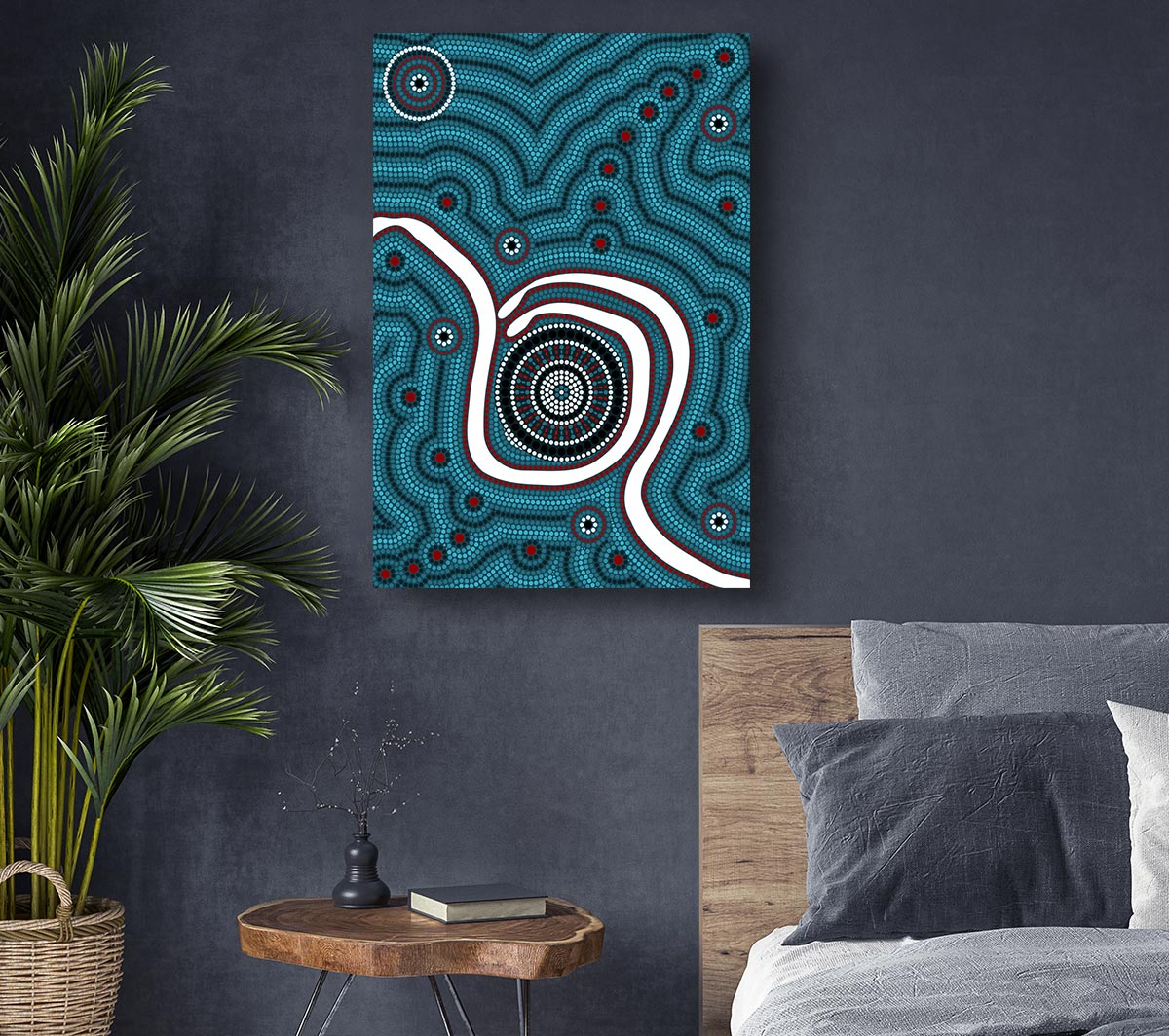 Aboriginal Pattern 1 canvas art mounted on a 44mm box frame, showcasing vibrant colors and intricate designs.